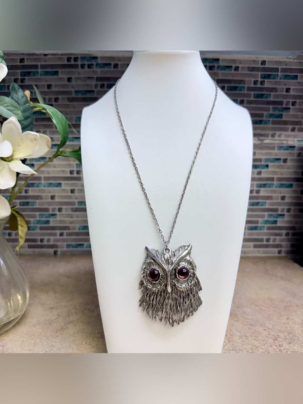 Vintage Owl Pendant Necklace Silver Tone Textured Big Purple Cabochon Eyes 70s